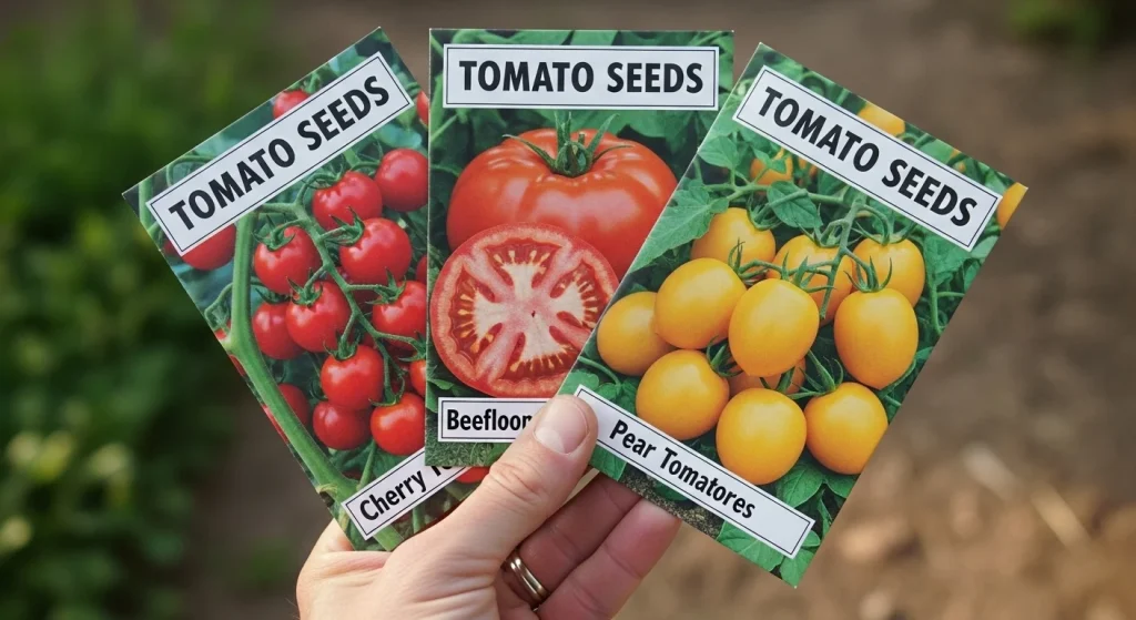 A hand holding 2-3 seed packets with small tomato plant illustrations.