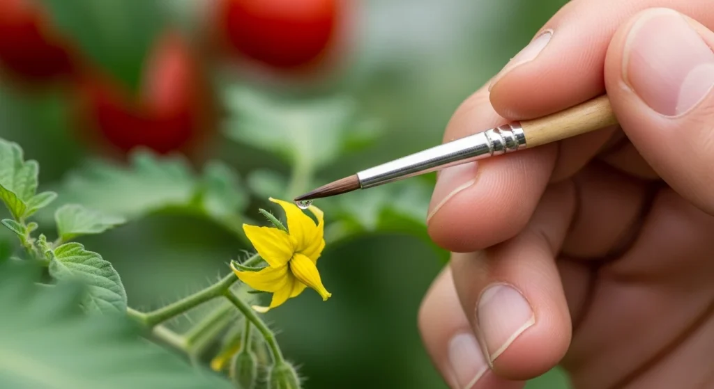 Close-up of hand using small paintbrush to touch tomato flower