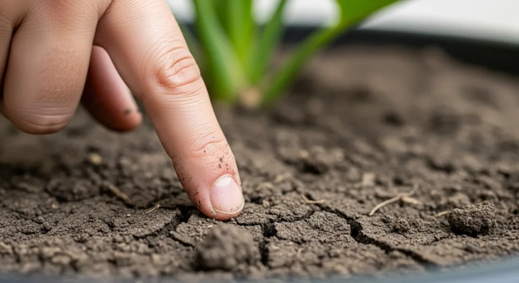 Person touching soil with fingertip to check dryness