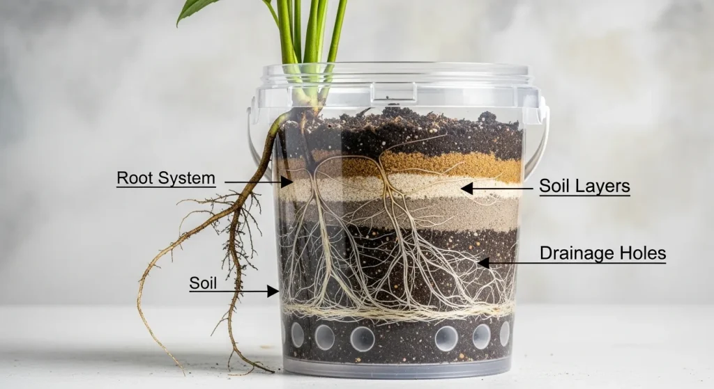 Side view of a plant in a labeled bucket: roots, soil, holes, etc