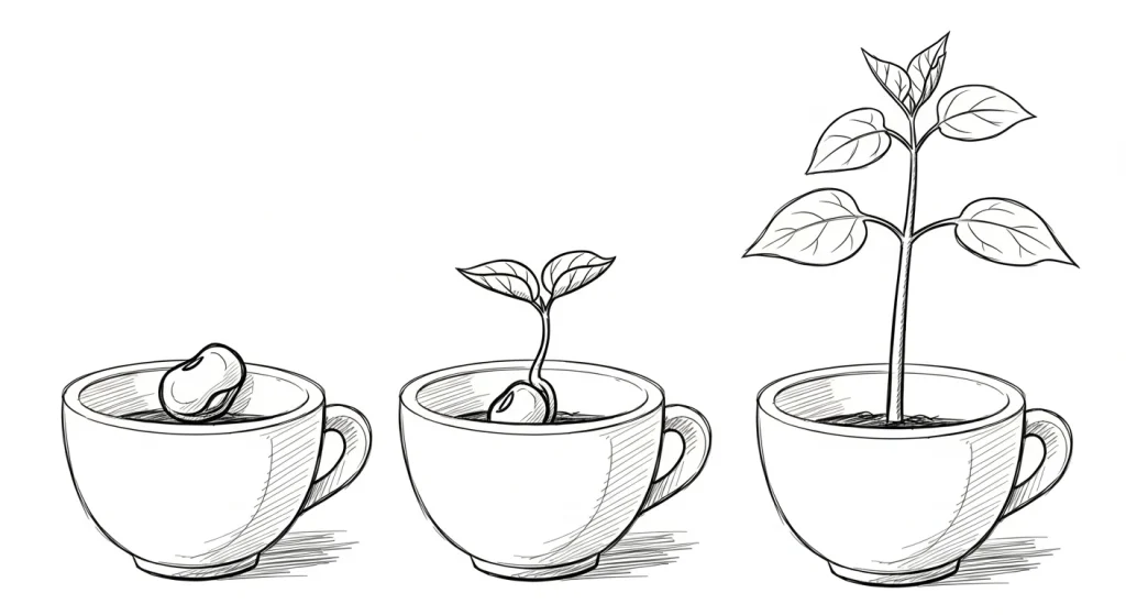 Simple sketch of seed in cup → sprout → young plant.