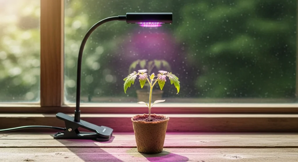 Tomato seedling near window with a clip-on grow light above
