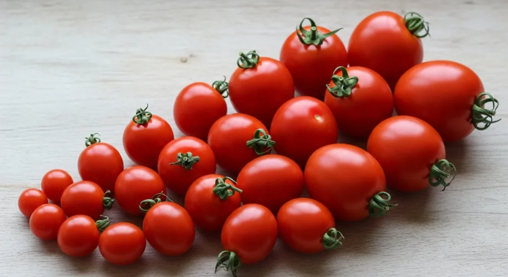 various plum tomato sizes arranged from smallest to largest here