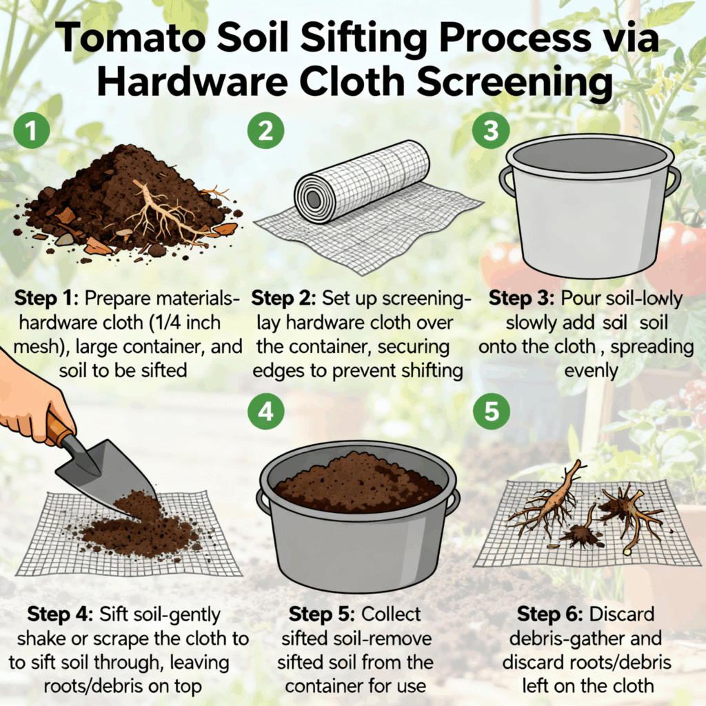 Removing plant material from soil using hardware cloth screen and hands