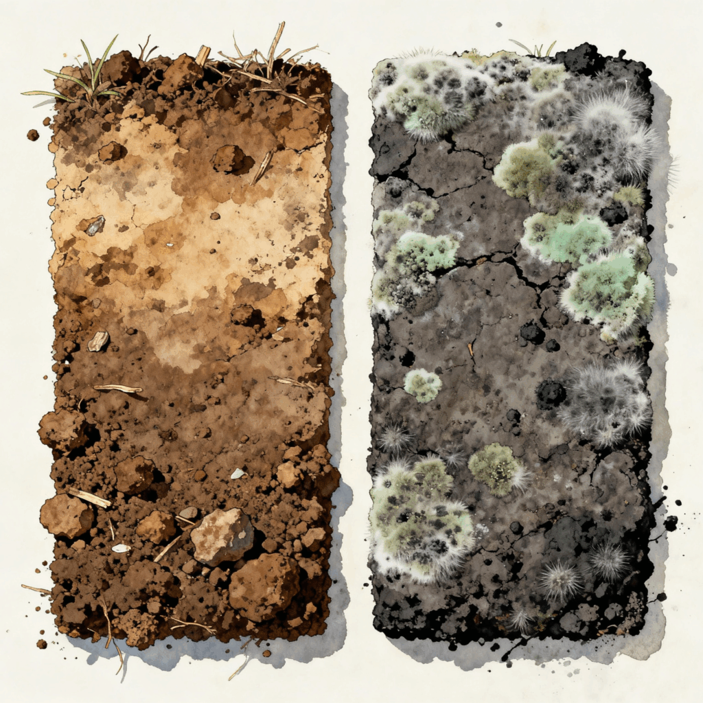 Healthy soil (left) versus diseased soil (right) showing signs of disease
