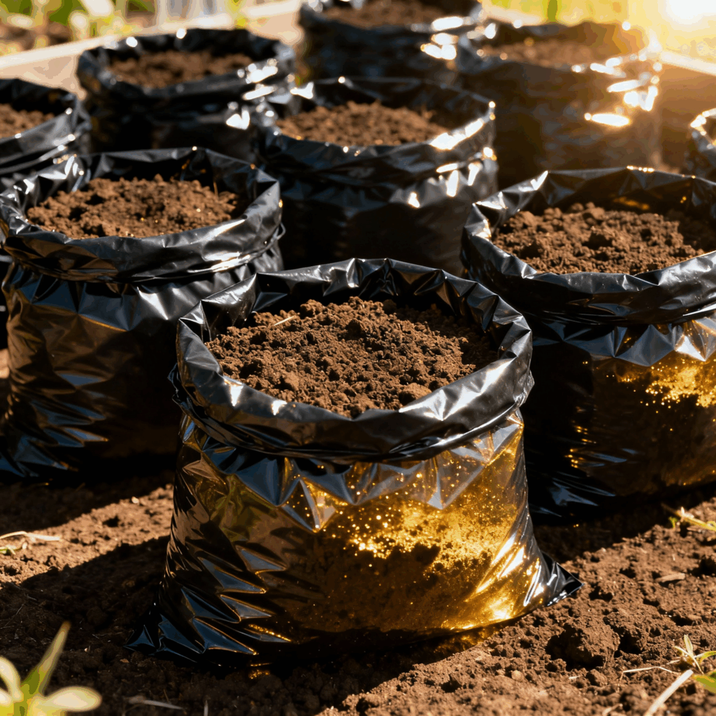 Sun solarization process: sealed bags of soil in direct sunlight for sterilization
