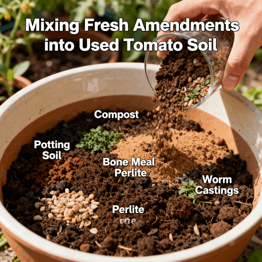 Refreshing and replenishing tomato soil with compost, bone meal, and other amendments