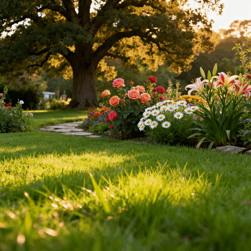 Lush, healthy lawn and garden landscape demonstrating the benefits of proper soil amendment