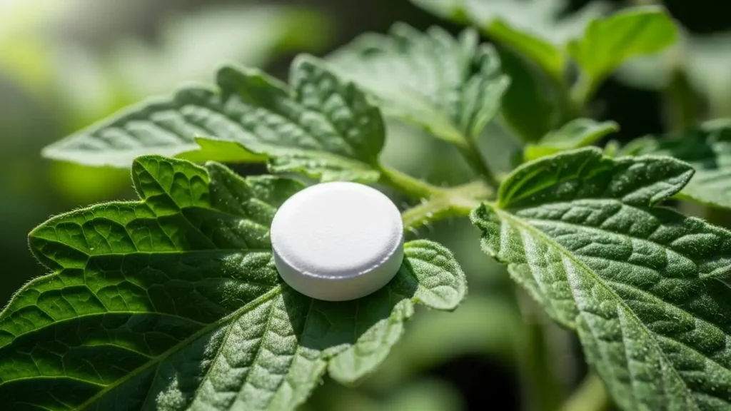 Aspirin tablet on a tomato leaf for plant immune boosting