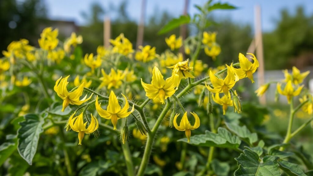 Healthy tomato plant with flowers but no tomatoes forming