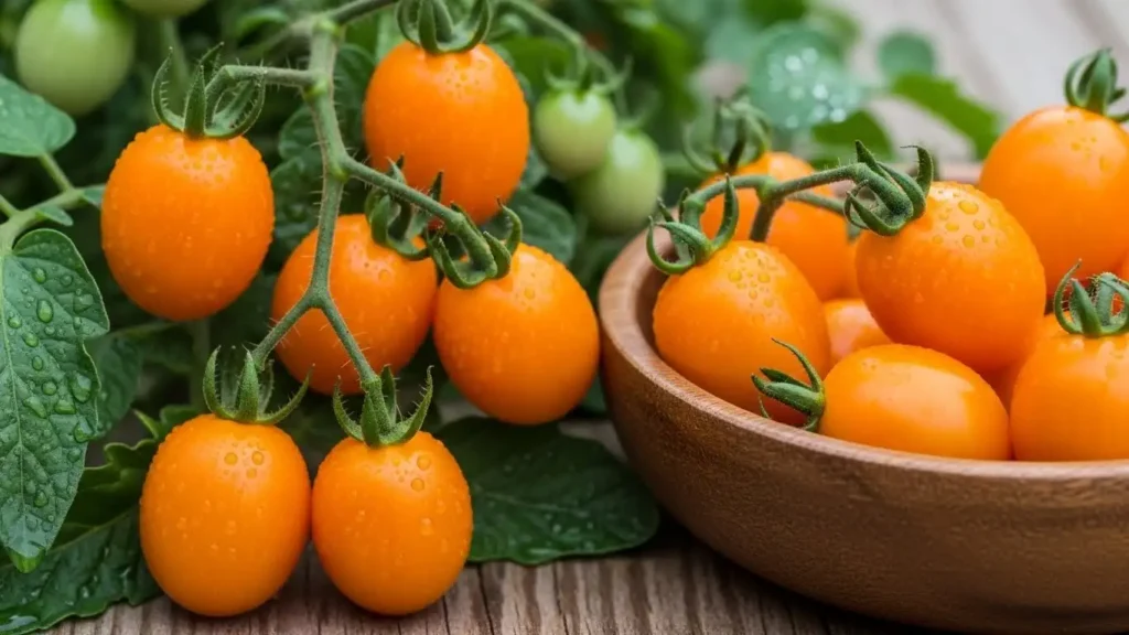 Orange Hat micro dwarf tomatoes growing in a pot