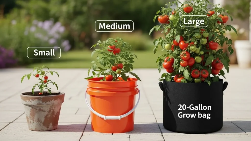Tomato container size comparison chart showing 2 gallon vs 5 gallon vs 20 gallon pots