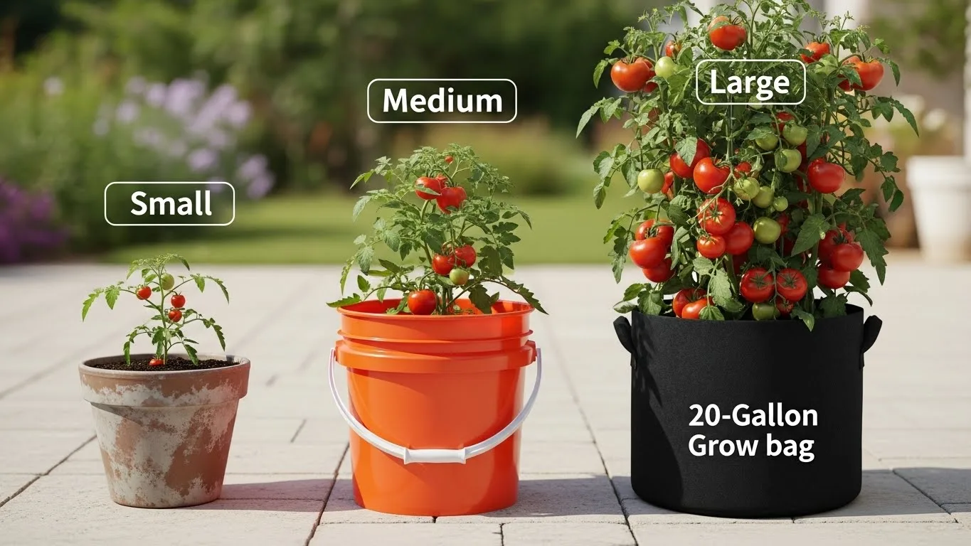 Tomato container size comparison chart showing 2 gallon vs 5 gallon vs 20 gallon pots