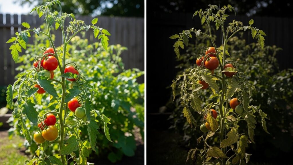 Tomato plant in full sun vs partial shade (side-by-side)