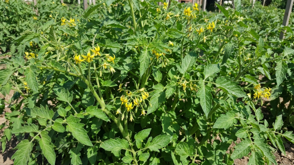 Healthy tomato plant with flowers but no tomatoes forming