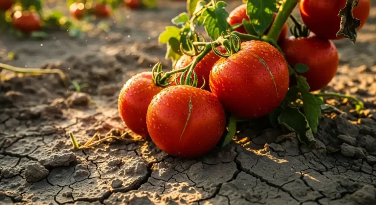 Ripe dry farm tomatoes growing on vines in non-irrigated soil showing intense red color