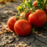 Ripe dry farm tomatoes growing on vines in non-irrigated soil showing intense red color