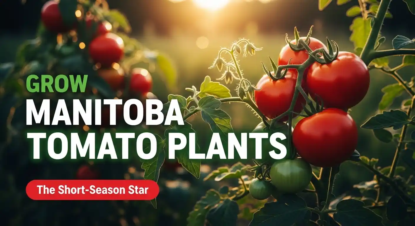 A healthy determinate Manitoba tomato plant loaded with ripe, bright red fruit in a garden bed.