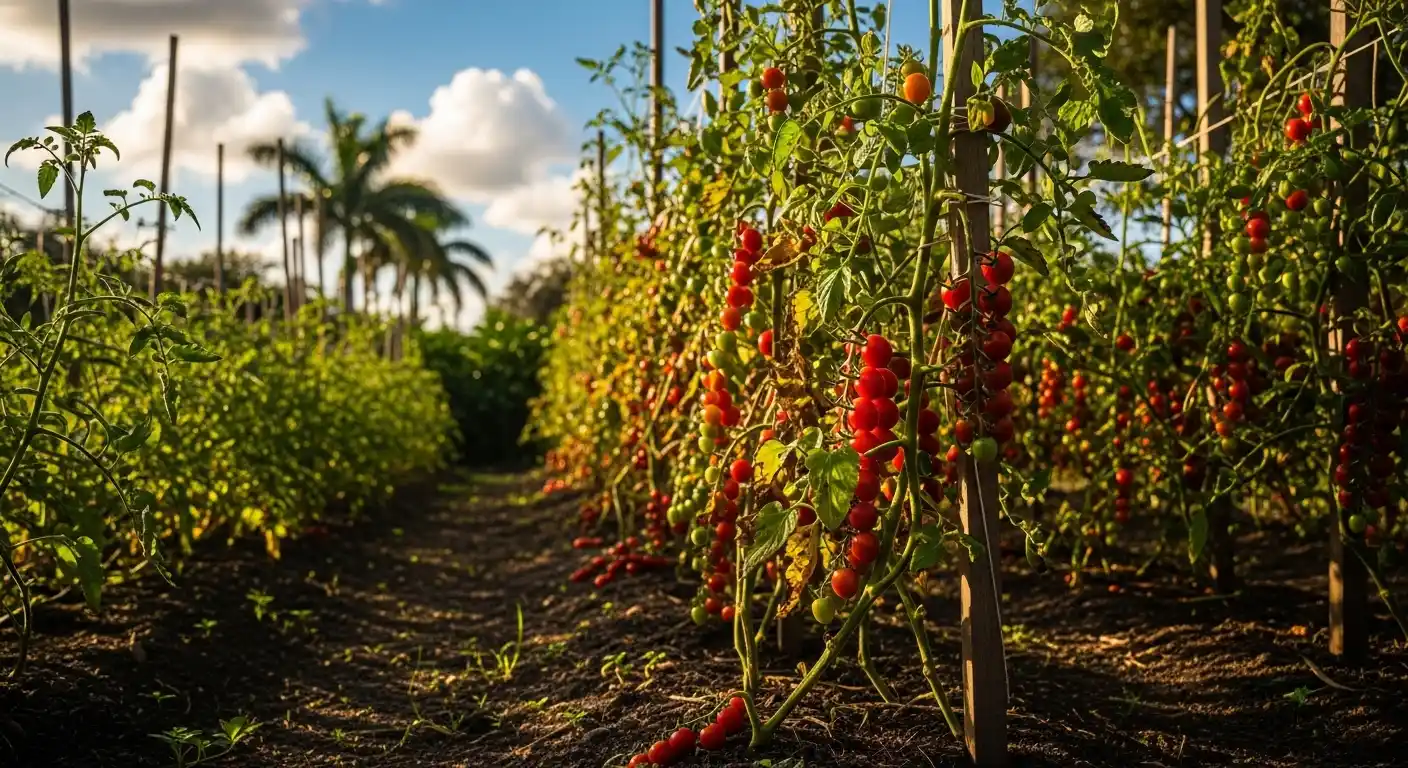 Cherry tomato vines heavy with ripe red fruit growing in a sunny South Florida winter garden with palm trees in the background