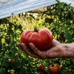 A successful harvest of red tomatoes protected by aluminized shade cloth during a heatwave.