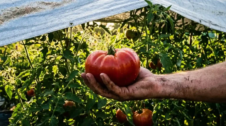 A successful harvest of red tomatoes protected by aluminized shade cloth during a heatwave.