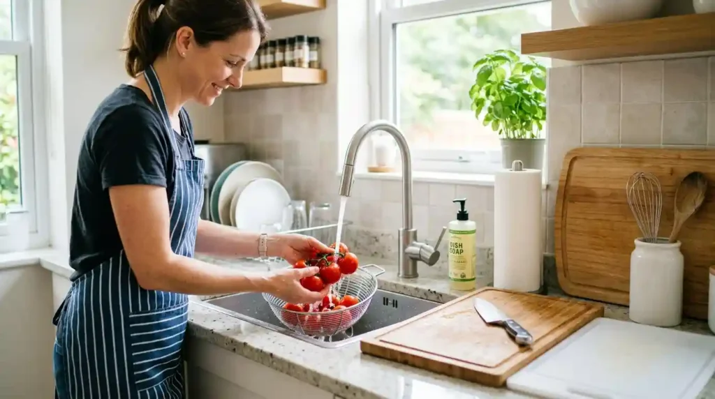 A person carefully washing tomatoes under running water in a kitchen, with clean cutting boards and sanitized surfaces visible. Bright, helpful, educational feel.