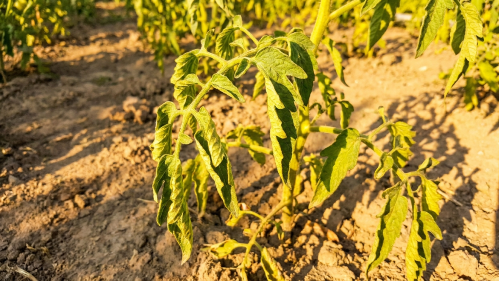 Tomato plant showing heat stress with curled leaves in summer garden